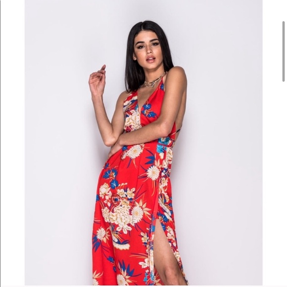 Red Floral Strappy Open Back Thigh Slit Maxi Dress - Picture 5 of 7